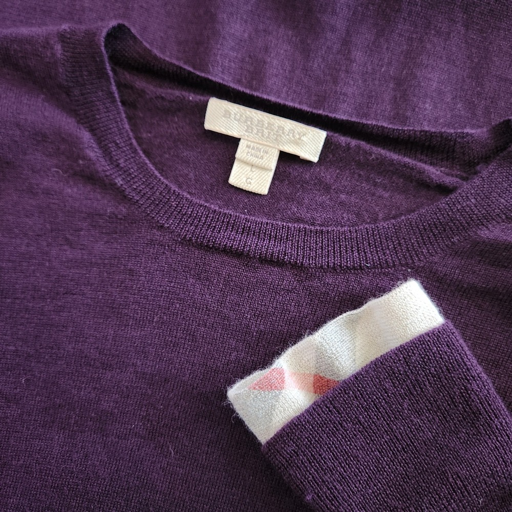 Burberry Brit Womens L Extra Fine Merino Wool Sweater Purple Nova Check Cuff